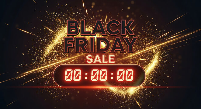 Animated glowing countdown timer with bold Black Friday sale text and dynamic particle effects, perfect for marketing videos