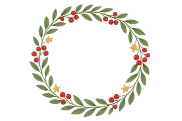 Christmas wreath with red berries, green leaves, and gold stars, festive holiday decoration on transparent