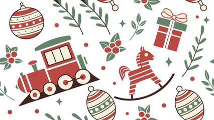 Christmas Pattern with Red Train, Gift Boxes, and Holiday Decorations