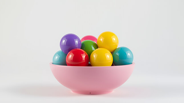 Assorted colorful glossy spheres in a pastel pink ceramic bowl, studio lighting