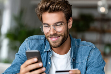 Young man smiles while using smartphone and credit card indoors in a modern cafe setting