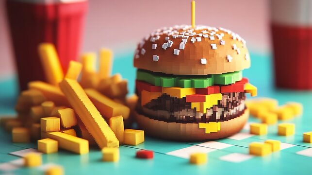 Pixel art style burger and fries with soda, a playful and nostalgic take on fast food classics - Powered by Adobe