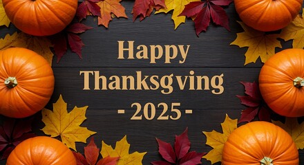 Happy thanksgiving 2025 with pumpkins and autumn leaves