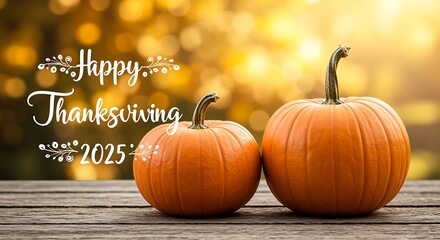 Happy thanksgiving 2025 with two pumpkins on a wooden table