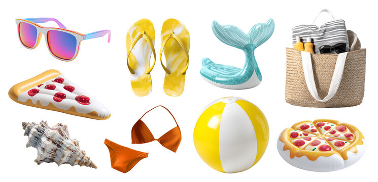 Set of pool beach essential must-have gear, ball, towel, inflatable float, seashell sunglass bikini, straw bag, sunscreen, flip flops, transparent cutout PNG. Many different mockup for design	