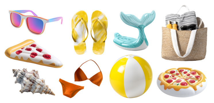 Set of pool beach essential must-have gear, ball, towel, inflatable float, seashell sunglass bikini, straw bag, sunscreen, flip flops, transparent cutout PNG. Many different mockup for design	