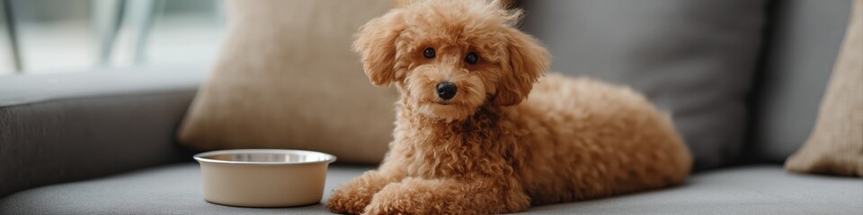 Cute curly-haired poodle resting on sofa near bowl