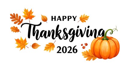 Happy thanksgiving 2026 text with autumn leaves and pumpkin isolated on white background