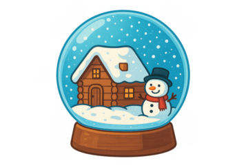 Snow globe with a cheerful snowman by a cozy log cabin, snow falling inside, illustrating winter holidays, transparent background
