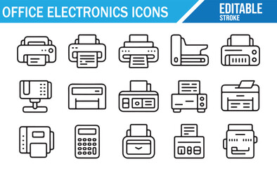 Thin outline illustrations for office equipment, technology, and workflow.