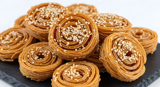 Moroccan chebakia dessert deep‑fried rose‑shaped pastries coated in honey and rosewater syrup