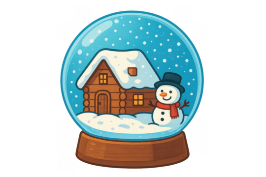 Snow globe with a cheerful snowman by a cozy log cabin, snow falling inside, illustrating winter holidays, transparent background