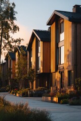 Modern wooden houses lined up along a serene street during sunset in a quiet neighborhood, showcasing natural light and architectural design