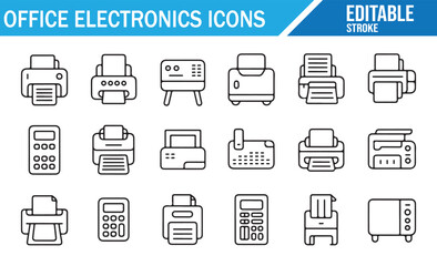 Outline icons of modern office gadgets, printers, and copiers for workspace illustrations.