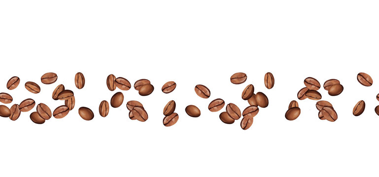 Seamless Hand-drawn Illustration of horizontal border featuring scattered roasted coffee beans