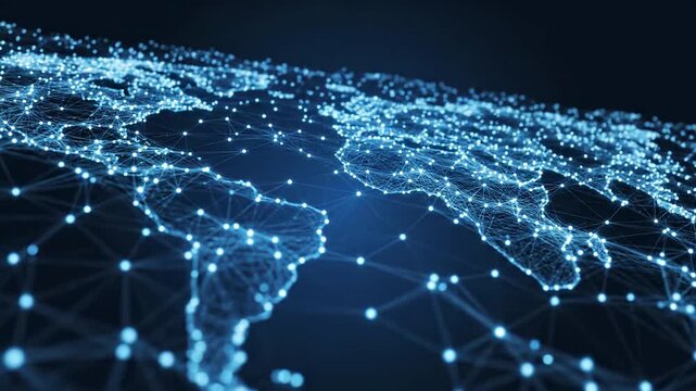 Digital truck wireframe travels along illuminated particle network pathway. Logistics transportation technology, freight delivery automation, supply chain connectivity. Futuristic cargo distribution