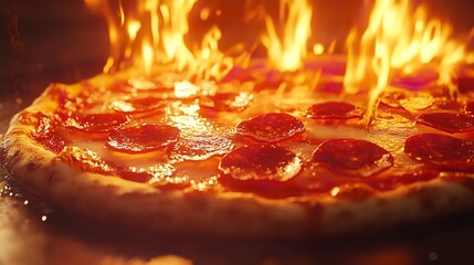 Closeup of a pepperoni pizza on fire, with flames licking the cheese and pepperoni slices