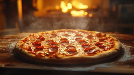 Delicious pepperoni pizza fresh out of the oven, with steam rising, ready to be served and enjoyed