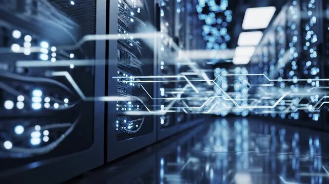 Server room infrastructure with illuminated network connectivity pathways. Datacenter hardware racks, cloud computing technology, digital information storage systems. Enterprise networking - Powered by Adobe