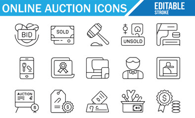 Modern icons for mobile auction apps, payments, and online shopping.
