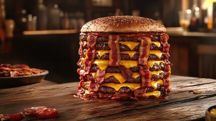A towering burger with multiple patties, cheese, and bacon, sitting on a wooden table in a restaurant
