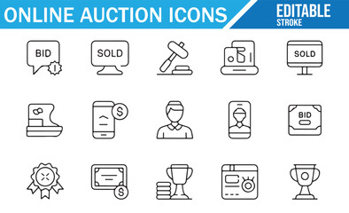 Thin line illustration set showing digital bidding and auction tools.