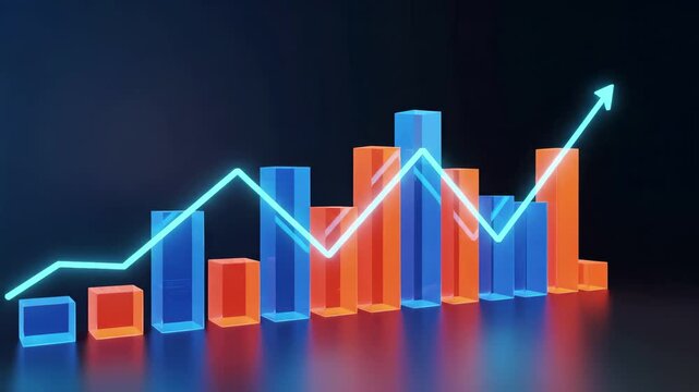 Business growth chart with glowing upward arrow trend line, colorful bar graph visualization. Financial performance analytics, data statistics dashboard, revenue increase metrics. Strategic kpi