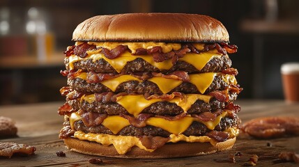 Closeup of a highcalorie bacon cheeseburger with multiple patties and melted cheese on a table