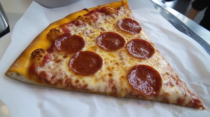 A slice of pepperoni pizza with melted cheese and crispy crust on a white paper