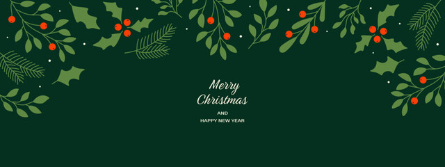 Fototapeta premium Christmas New Year banner with leaves, branches, and berries.
