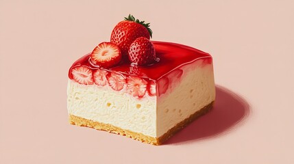 Delicious slice of strawberry cheesecake with fresh strawberries on a pink background, closeup