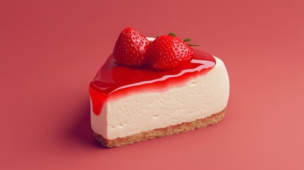 Delicious slice of strawberry cheesecake with fresh strawberries on a red background, closeup