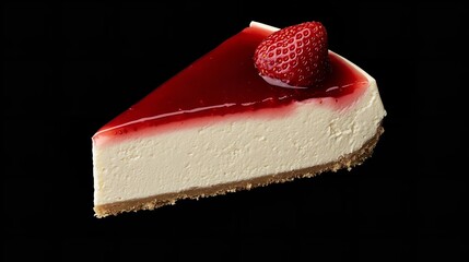Delicious slice of strawberry cheesecake with a fresh strawberry on top against a black background