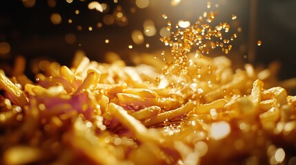 Closeup of golden french fries being seasoned with salt, creating a visually appealing and appetizing scene