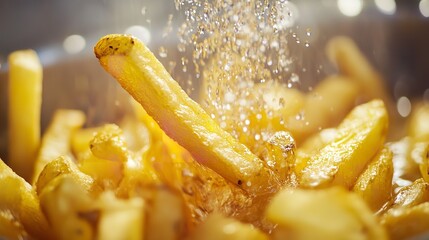 Closeup of golden french fries being seasoned with salt, creating a visually appealing and appetizing scene