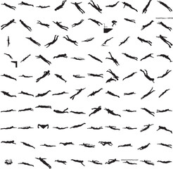 Silhouette of a person diving underwater isolated on white background