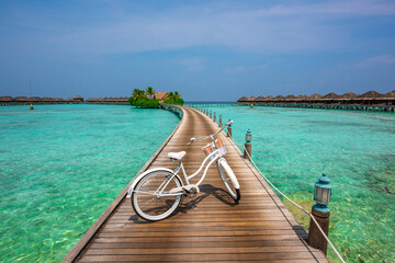 Tranquil closeup calm sea water waves with palm trees. Bicycle on the deck. Tropical island beach landscape exotic shore coast. Summer vacation, holiday amazing nature. Relax paradise, Maldives.
