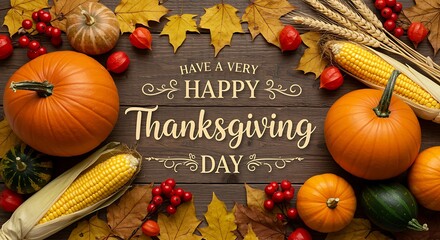 Happy thanksgiving day text surrounded by pumpkins, corn, and fall leaves
