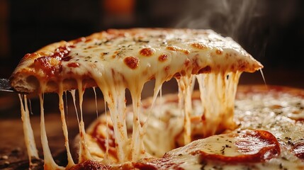 Closeup of a slice of pepperoni pizza being lifted, showcasing the melted cheese and inviting flavors
