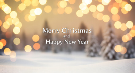Festive New Year and merry christmas card with winter blurred bokeh and lights. 