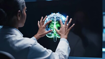 Medical professional examines glowing holographic brain projection with neural network illumination. Neuroscience research visualization, neurological anatomy study, healthcare technology. Doctor - Powered by Adobe