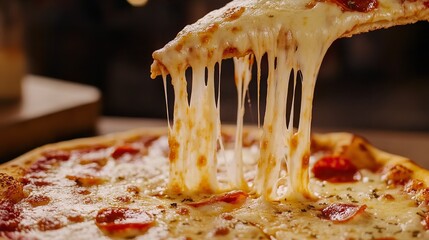 Delicious pepperoni pizza slice being lifted with cheese pull, a classic comfort food indulgence