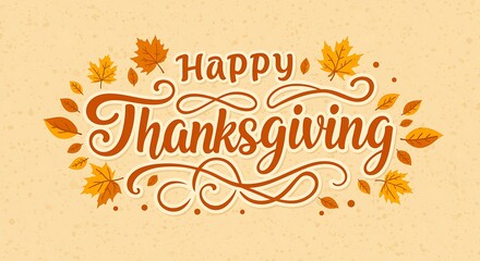 Happy thanksgiving decorative text with autumn leaves and swirls