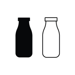 Traditional Milk or Juice Glass Bottle Icon Set, Silhouette and Outline Vector Graphic, Dairy Product Packaging Symbol, Food and Beverage Container Clipart