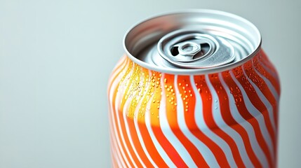 Closeup of an orange and white striped can, showcasing condensation and refreshing beverage packaging