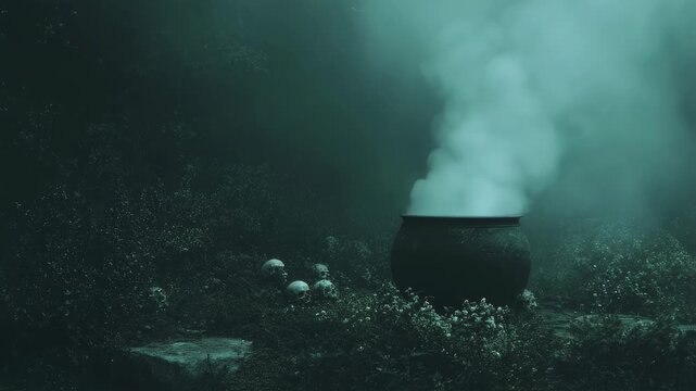 Creepy cauldron potion brew with steam and skull decoration. Mystery, halloween, and magic dark ritual footage.
