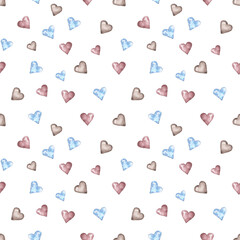 Hearts watercolor seamless pattern. Valentine's Day pattern. Digital paper. Love. Romance. Burgundy, brown, blue colors. For printing on wrapping paper, fabric, textiles, cards, stickers, invitations