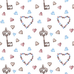Vintage love watercolor seamless pattern. Valentine's Day pattern. Digital paper. Hearts. Romance. Burgundy and blue colors. For printing on wrapping paper, fabric, textiles, cards, stickers
