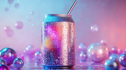 A soda can with a straw and bubbles on a colorful background, a refreshing and cool drink