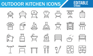 Outline vector of outdoor kitchen setup, oven, and fire pit accessories.